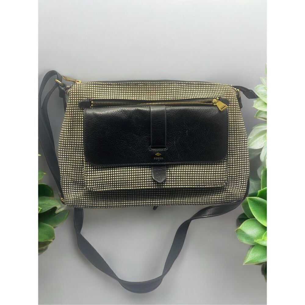 Fossil Kinley Black Leather Front Flap Black Cream Dot Tweed Crossbody Purse Key